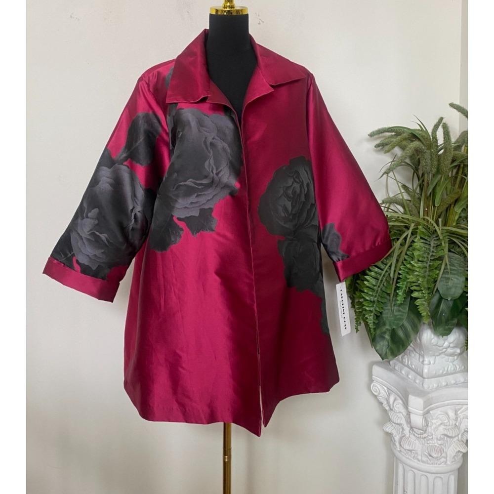 NWT CAROLINE ROSE Magenta Satin Black Floral Statement Open Front Jacket 1X $316